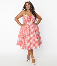 Load image into Gallery viewer, Coral Red Gingham Golightly Swing Dress
