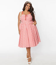 Load image into Gallery viewer, Coral Red Gingham Golightly Swing Dress
