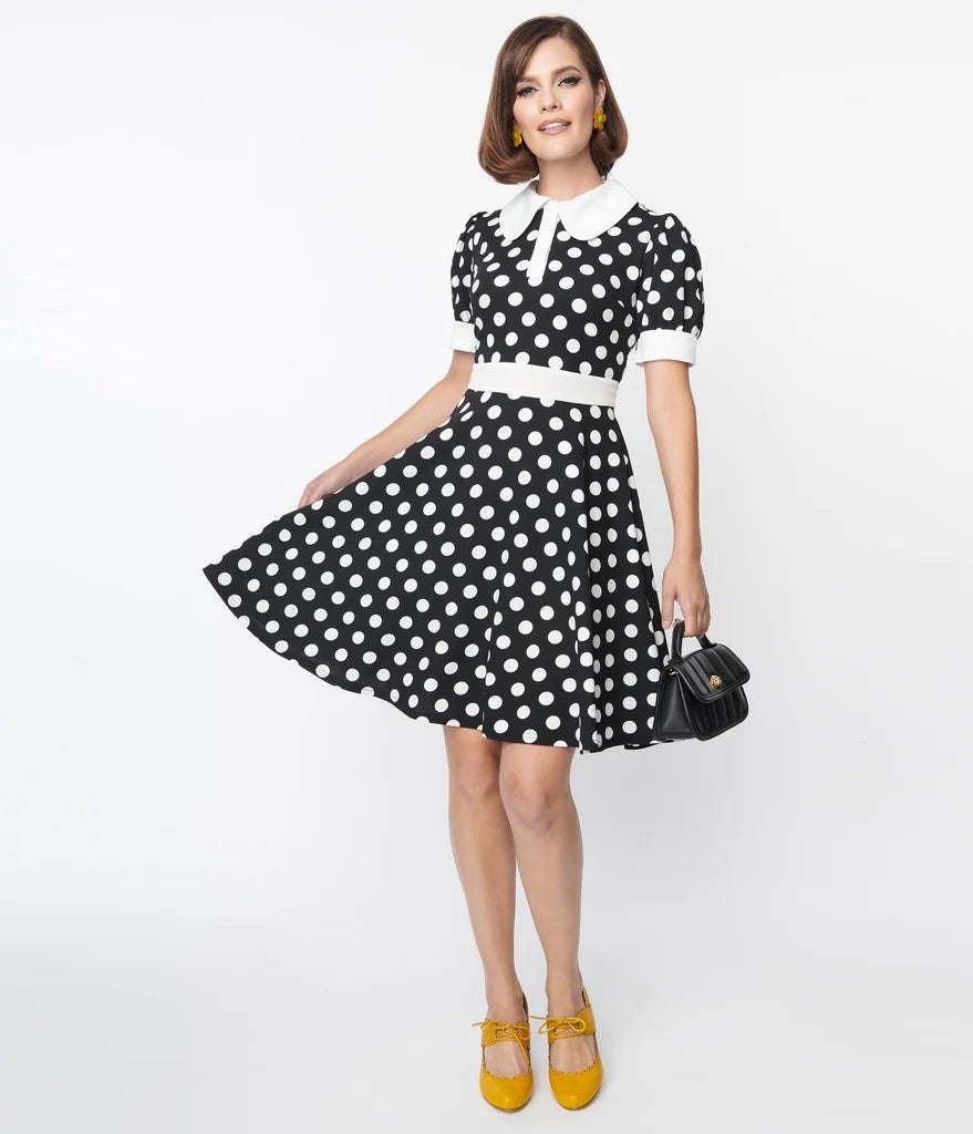 Black and White Polka Dot Print Flare Dress