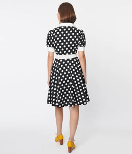 Black and White Polka Dot Print Flare Dress