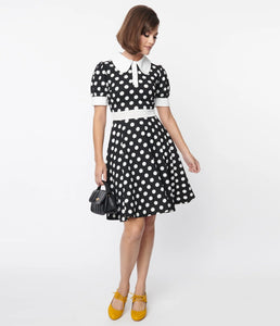 Black and White Polka Dot Print Flare Dress