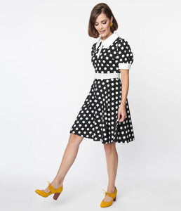 Black and White Polka Dot Print Flare Dress