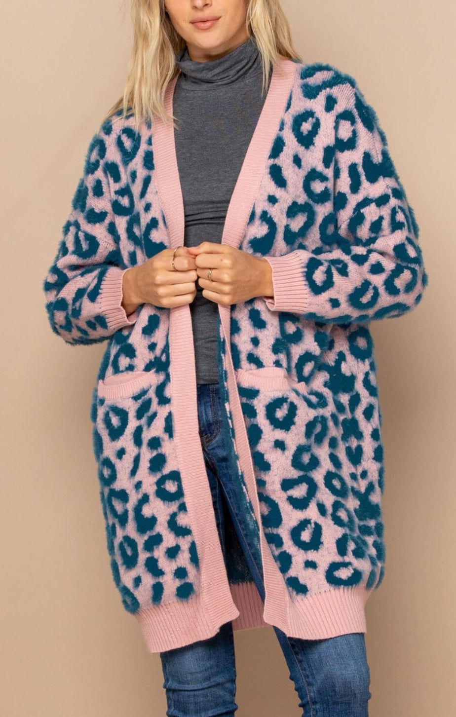 Pink and Blue Fuzzy Leopard Print Long Open Cardigan