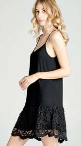 Black Solid Jersey Knit Dress Extender with Spaghetti Straps and Scalloped Lace Hem