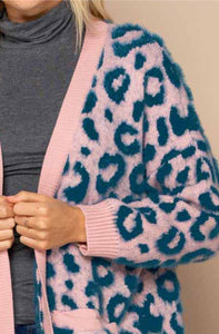 Pink and Blue Fuzzy Leopard Print Long Open Cardigan