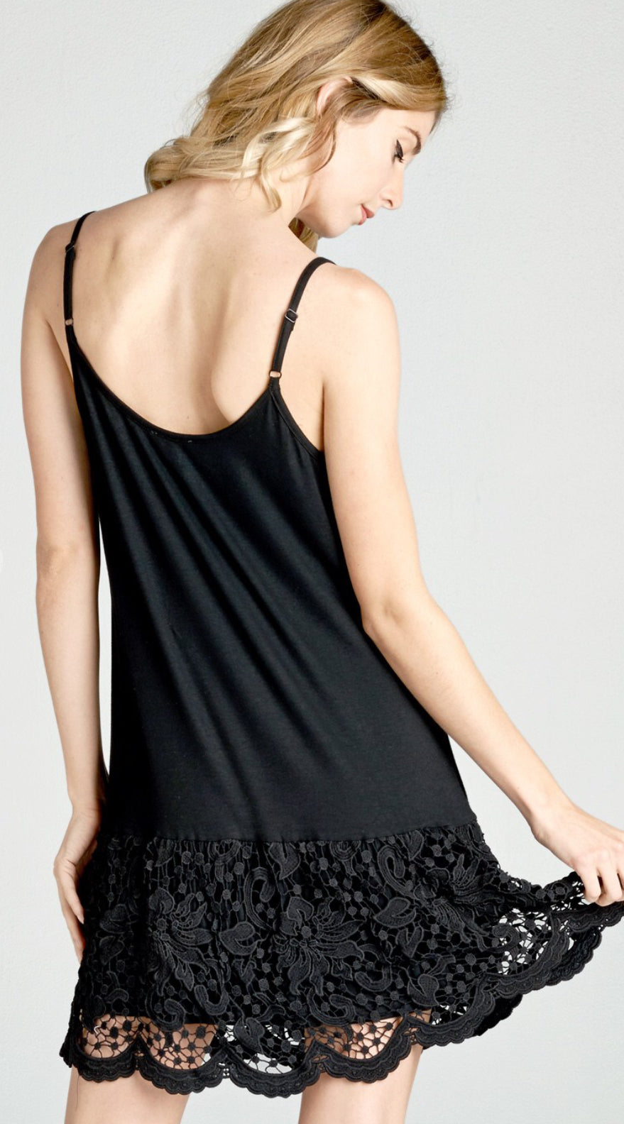 Black Solid Jersey Knit Dress Extender with Spaghetti Straps and Scall Pink House Boutique Black Solid Jersey Knit Dress Extender with Spaghetti Straps and Scall Pink House Boutique