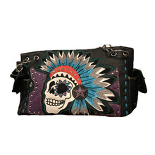 Load image into Gallery viewer, Black Skull with Feather Headdress Shoulder Bag
