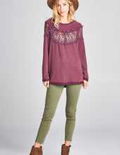 Load image into Gallery viewer, Wine Floral Trimmed Washed Terry Pullover
