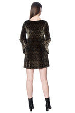 Load image into Gallery viewer, Gold and Black Stained Glass Print Velvet Dress with Bell Sleeves and Lace Up Collar
