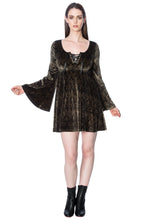 Load image into Gallery viewer, Gold and Black Stained Glass Print Velvet Dress with Bell Sleeves and Lace Up Collar
