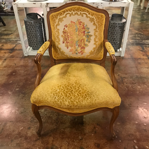 Vintage Tan Wood Arm Chair with Gold Velvet Cushions
