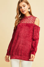 Load image into Gallery viewer, Burgundy Lace and Velvet Cold Shoulder Top
