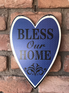 "Bless Our Home" Blue Polka Dot Heart Hanging Sign