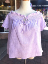 Load image into Gallery viewer, Lavender Tie Neck Peasant Style Top
