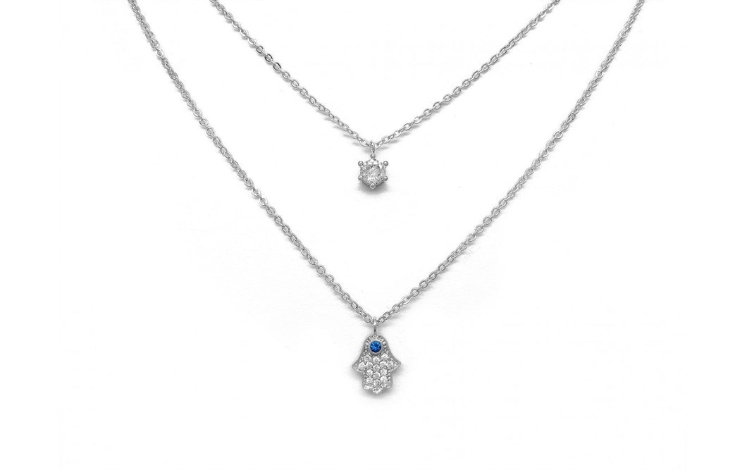 Hamsa Hand and Crystal Double Layer Delicate Necklace
