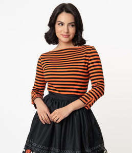Black and Orange Stripe Knit Three-Quarter Sleeve Gracie Top
