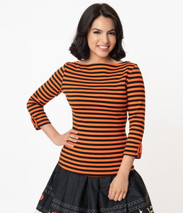 Black and Orange Stripe Knit Three-Quarter Sleeve Gracie Top
