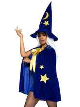 Load image into Gallery viewer, Blue Velvet Moon and Stars Cape and Wizard Hat
