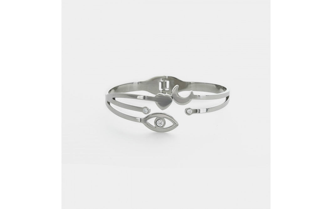 Open Front Evil Eye, Moon, and Heart Bangle Bracelet- More Finishes Available!
