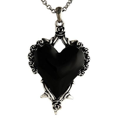 Black Heart with Thorns and Roses Necklace