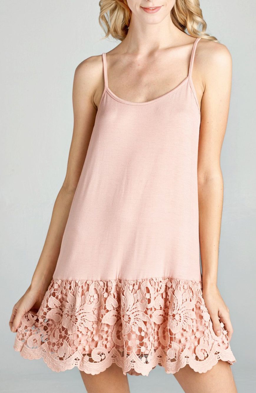 Peach Solid Jersey Knit Dress Extender with Spaghetti Straps and Scalloped Lace Hem Peach Solid Jersey Knit Dress Extender with Spaghetti Straps and Scalloped Lace Hem