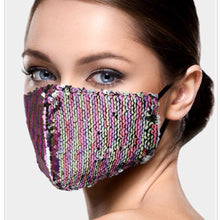Load image into Gallery viewer, Pink Champagne and Silver Mermaid Sequin Adjustable Mask
