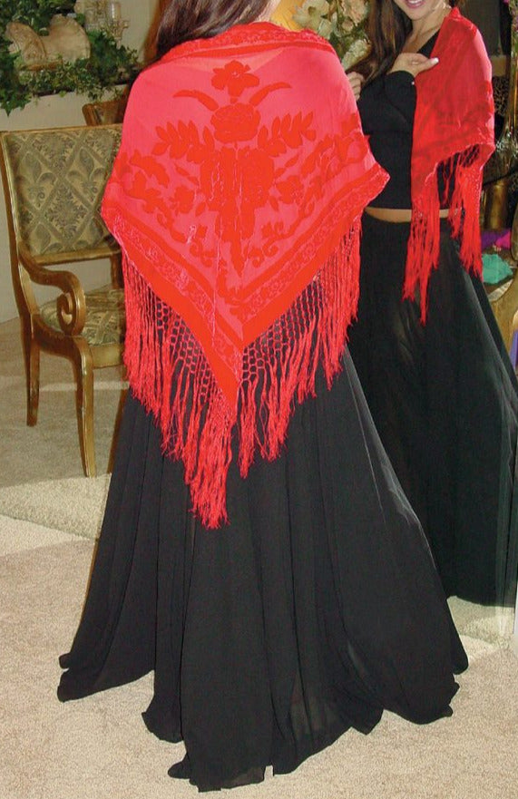 red velvet triangle fringe shawl