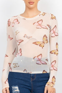 Cream Mesh Butterfly Long Sleeve Top