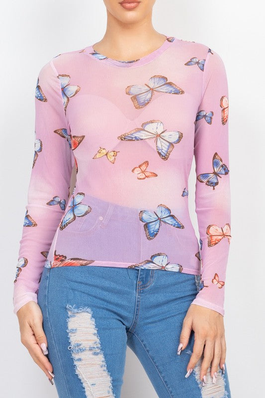 Lilac Mesh Butterfly Long Sleeve Top