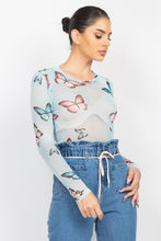 Load image into Gallery viewer, Dusty Blue Mesh Butterfly Long Sleeve Top
