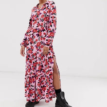 Load image into Gallery viewer, Pink Floral Tie Neck Dress
