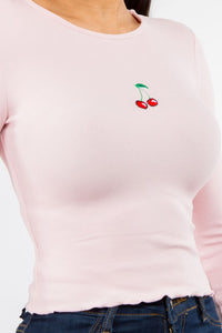 Pink Cherry Applique Long Sleeved Crop Top