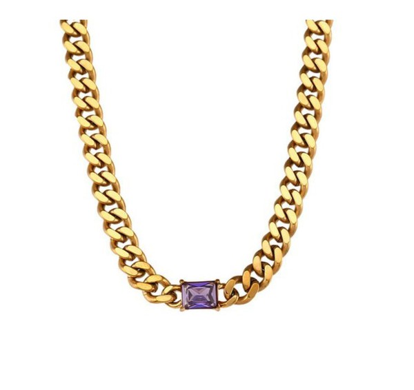 Lavender Baguette Stone Cuban Link Chain Necklace