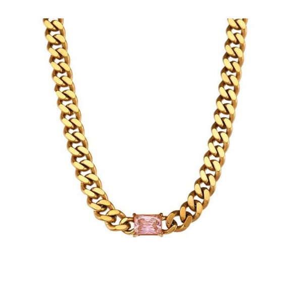 Pink Baguette Stone Cuban Link Chain Necklace