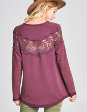 Load image into Gallery viewer, Wine Floral Trimmed Washed Terry Pullover
