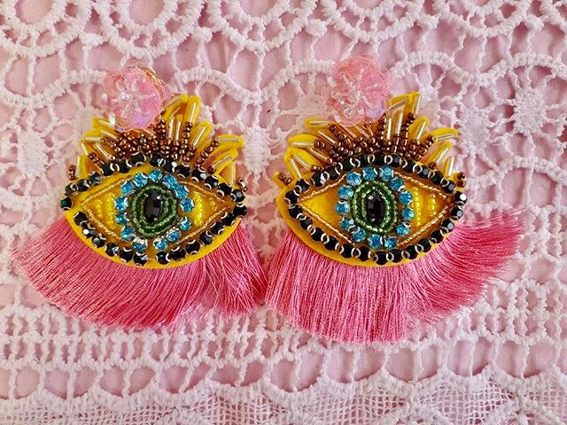 Yellow and Pink Tassel Evil Eye Statement Earrings