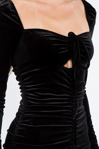 Black Long Sleeved Ruched Velvet Mini Dress