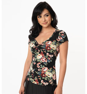 Black and Rose Floral Print Sweetheart Rosemary Top
