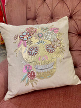 Load image into Gallery viewer, Gold sugar skull pillow 
