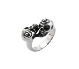 Double Skulls with Flowers Ring