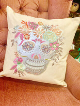 Load image into Gallery viewer, Silver sugar skull pillow 
