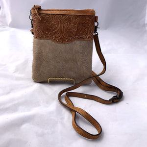 Tan Embossed Leather and Hide Crossbody Purse