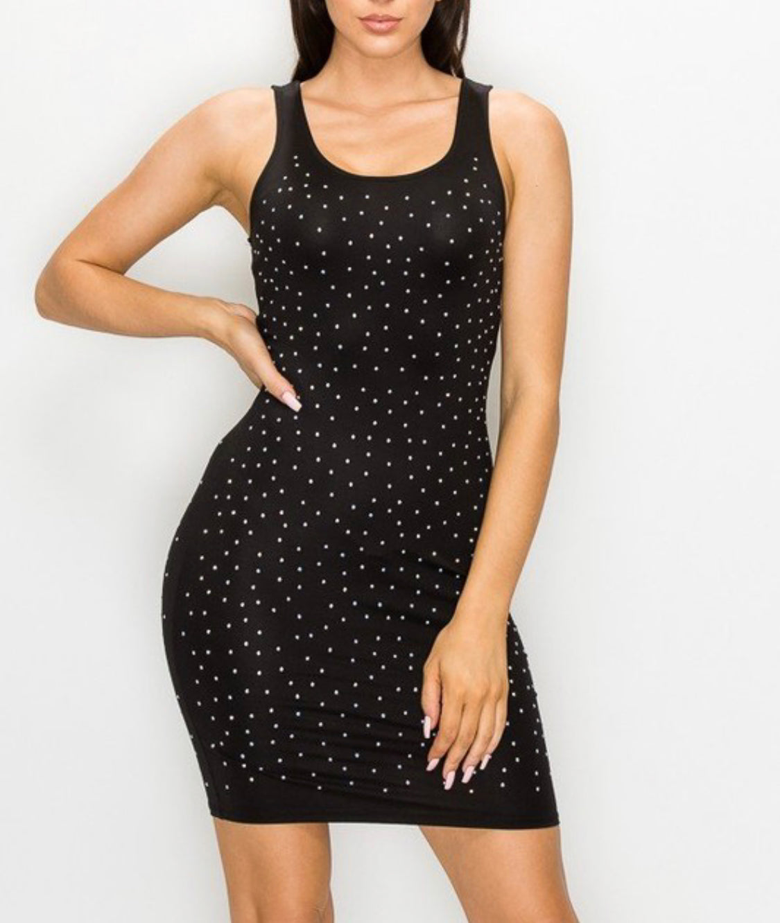 black studded bodycon dress – Pink House Boutique Color:LATTE/IVORY SHELL pair with strappy heels opaque Luxurious Black & White