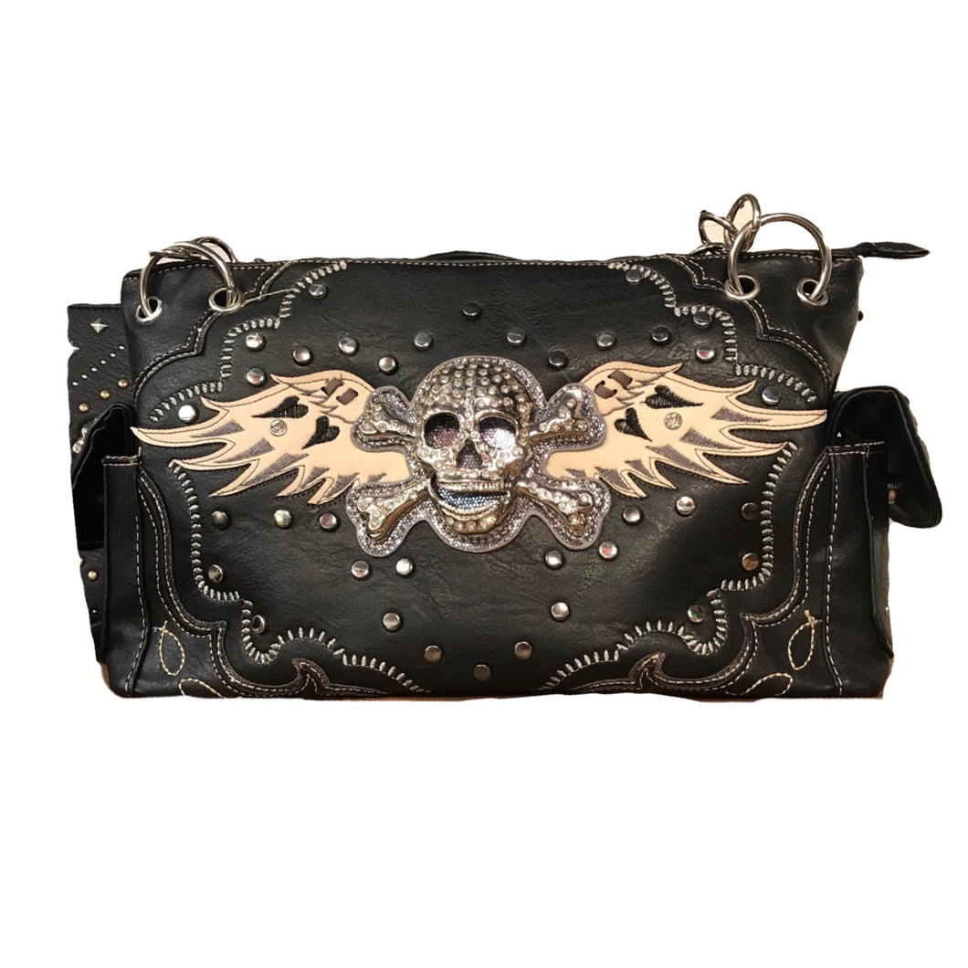 Black Skull with Wings Shoulder Purse