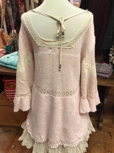 Pink Sweater Top with Bell Sleeves and Lace Accents