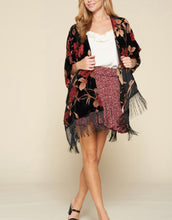 Load image into Gallery viewer, Floral and Black Fringe Burnout Kimono

