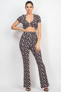 Black and Pink Floral Crop Top and Bell Bottom Knit Pants Set
