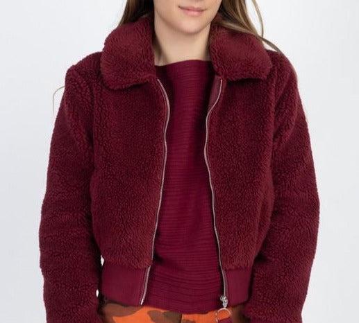 faux fur cropped jacket burgundy