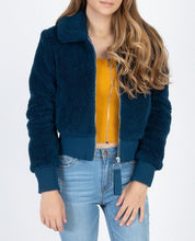 Load image into Gallery viewer, teal cropped faux fur bomber jacket
