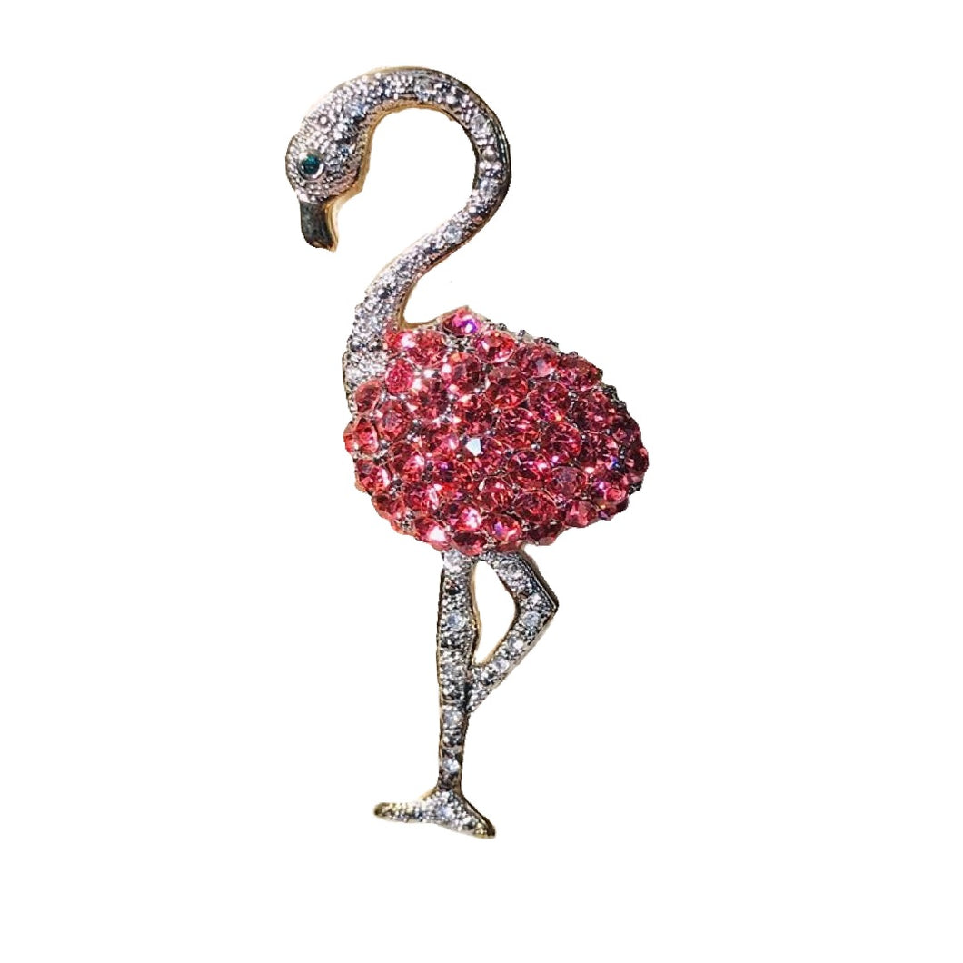 pink and clear crystal flamingo brooch